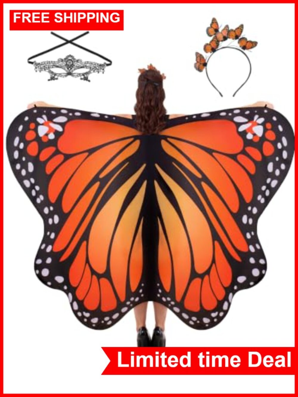 Women Butterfly Wings Costume Set with Mask and Headband